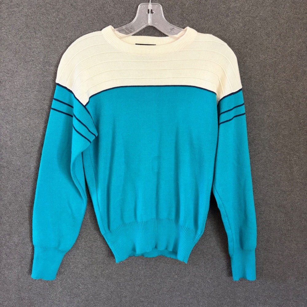 Ossi Skiwear Sweater Womens M Teal Cream Colorblock Vintage Wool Blend 80s Retro